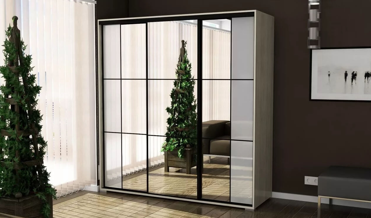 /Светлый шкаф-купе в спальню №186 с зеркалами и стеклами на заказ